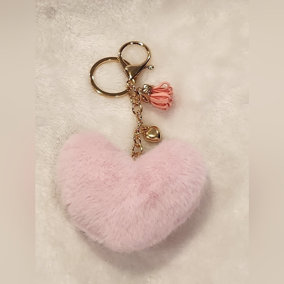 Accessories - Pink Heart-Shaped Fluffy Keychain with Gold Accents Bag Charm